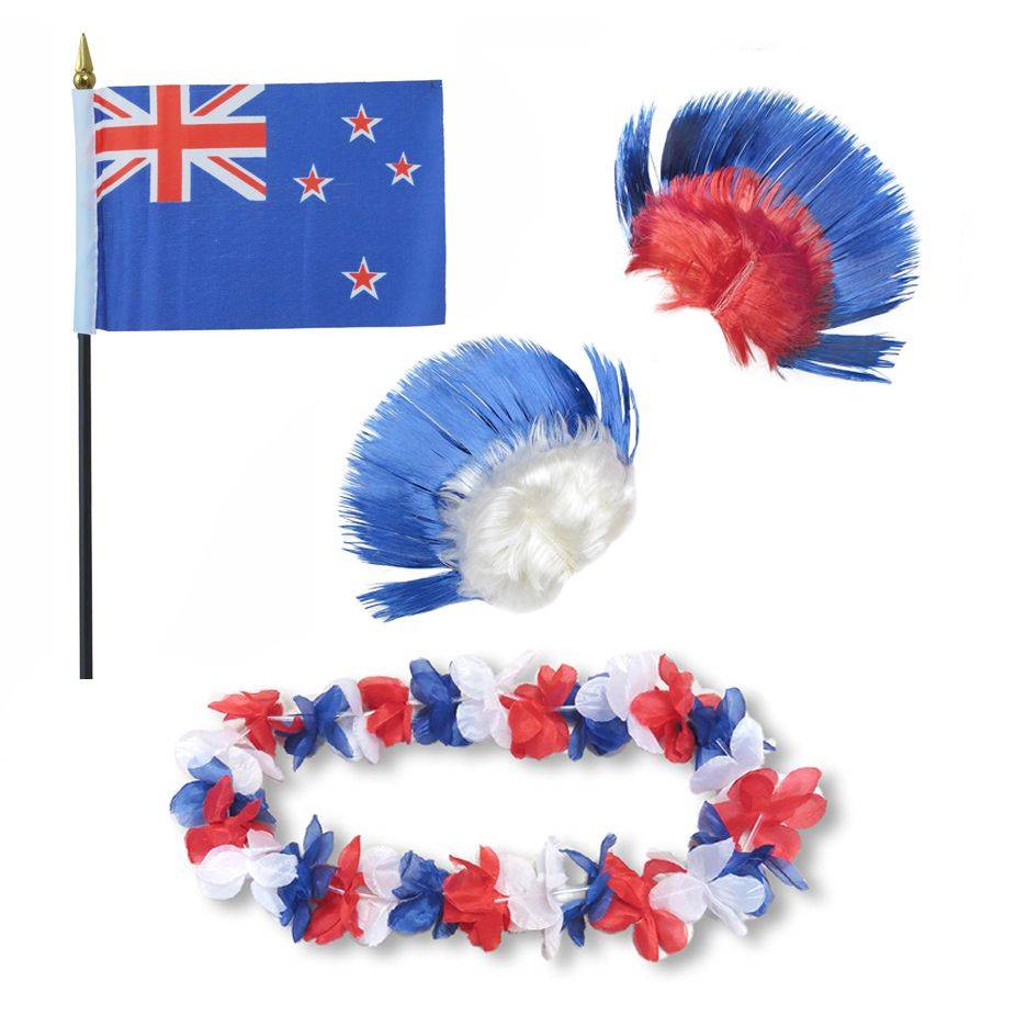 Sonia Originelli Fanset "Neuseeland" Blumenkette Fahne Flagge Perücke Irokese