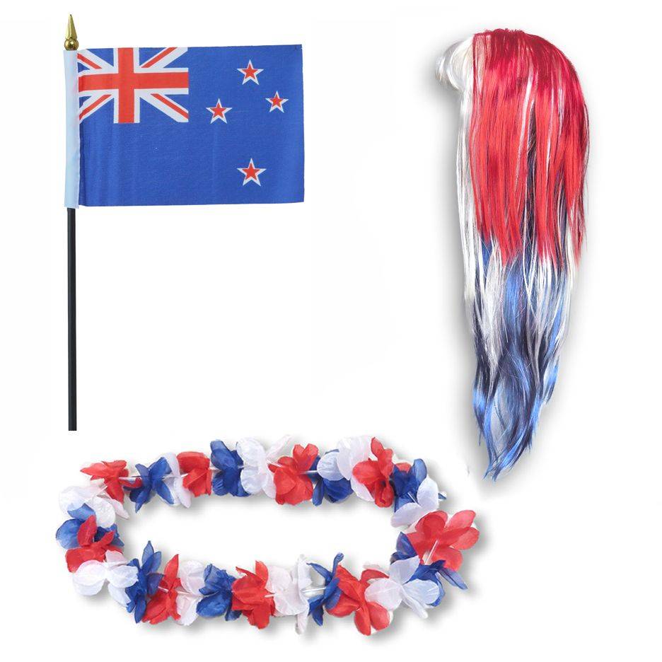 Sonia Originelli Fanset "Neuseeland" Blumenkette Fahne Flagge Perücke Langhaar