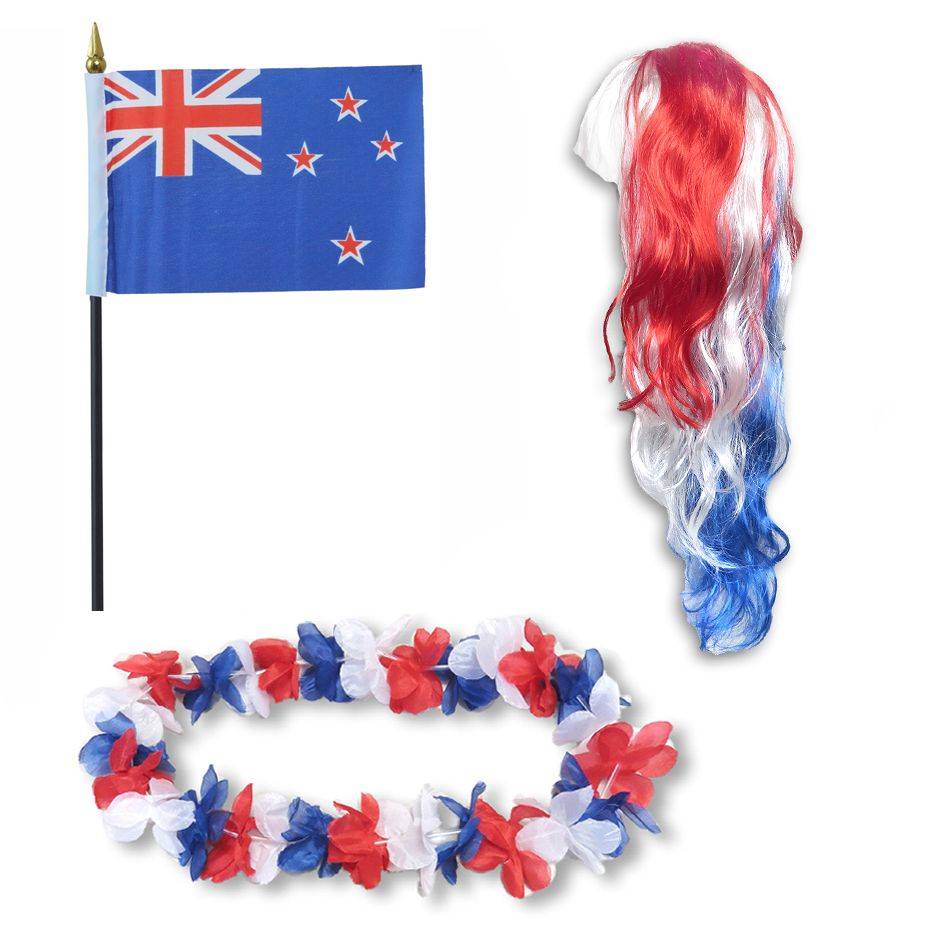 Sonia Originelli Fanset "Neuseeland" Blumenkette Fahne Flagge Perücke Langhaar-Locken