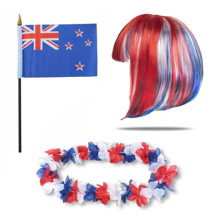 Sonia Originelli Fanset "Neuseeland" Blumenkette Fahne Flagge Perücke Bob