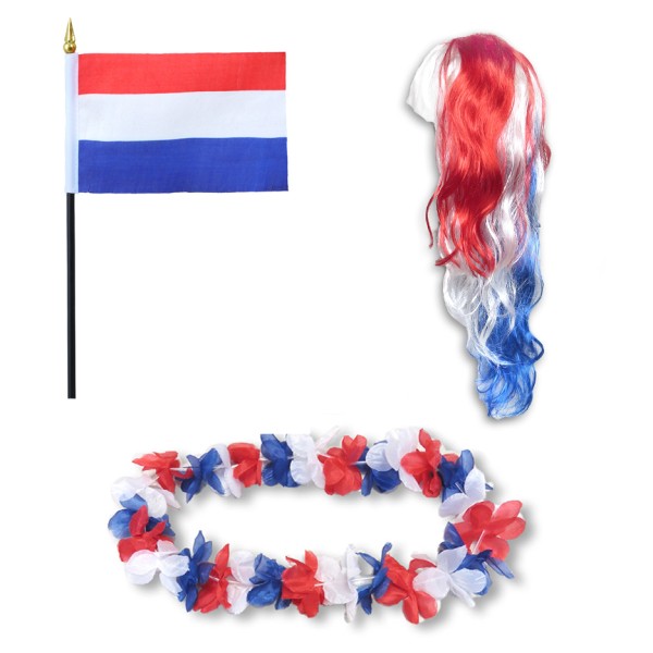 Sonia Originelli Fanset "Niederlande" Netherlands Holland Blumenkette Fahne Flagge Perücke Langhaar-Locken