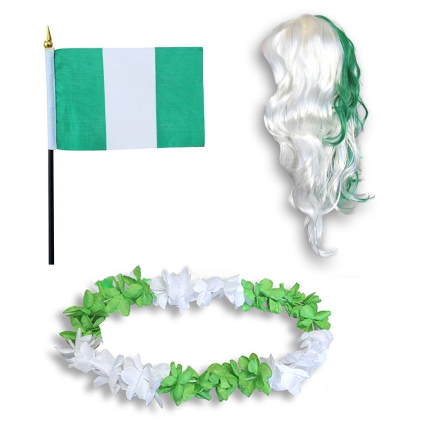 Sonia Originelli Fanset "Nigerien" Nigeria Blumenkette Fahne Flagge Perücke Langhaar-Locken