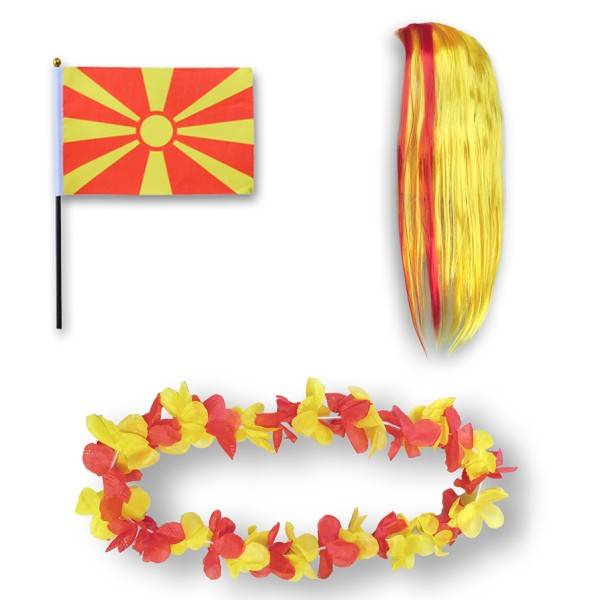 Sonia Originelli Fanset "Nordmazedonien" North Macedonia Blumenkette Fahne Flagge Perücke Langhaar