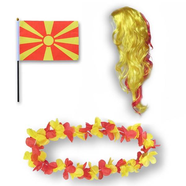 Sonia Originelli Fanset "Nordmazedonien" North Macedonia Blumenkette Fahne Flagge Perücke Langhaar-Locken