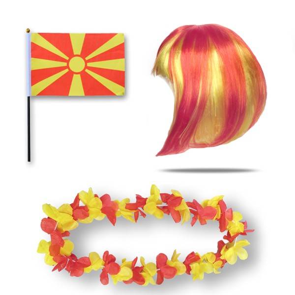 Sonia Originelli Fanset "Nordmazedonien" North Macedonia Blumenkette Fahne Flagge Perücke Bob