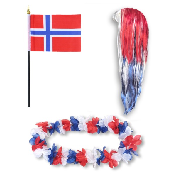 Sonia Originelli Fanset "Norwegen" Norway Blumenkette Fahne Flagge Perücke Langhaar