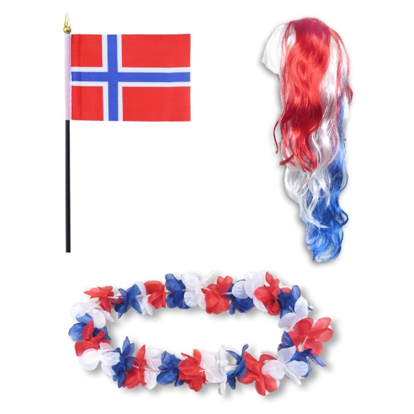 Sonia Originelli Fanset "Norwegen" Norway Blumenkette Fahne Flagge Perücke Langhaar-Locken