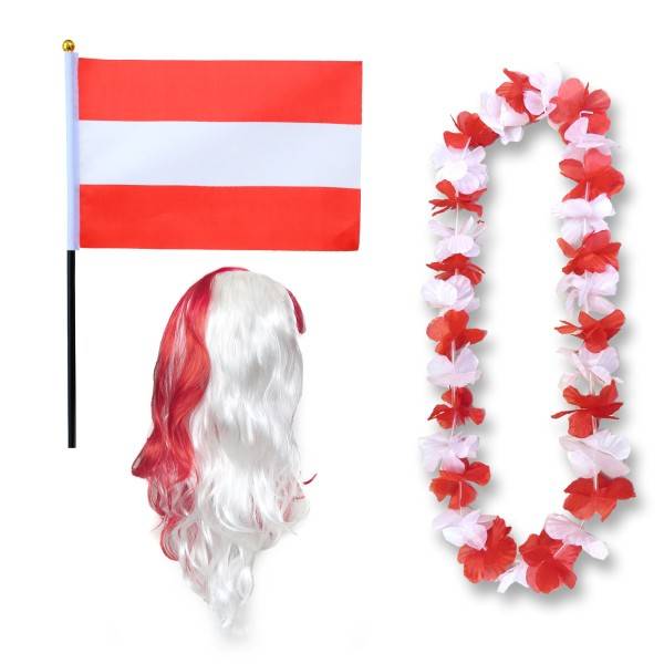 Sonia Originelli Fanset "Österreich" Austria Blumenkette Fahne Flagge Perücke Langhaar-Locken