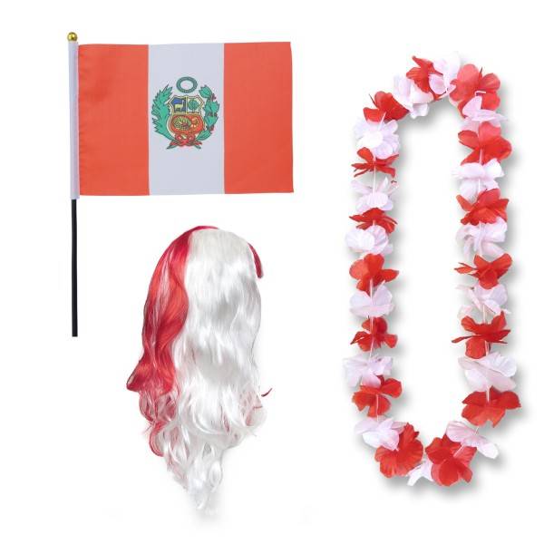Sonia Originelli Fanset "Peru" Blumenkette Fahne Flagge Perücke Langhaar-Locken