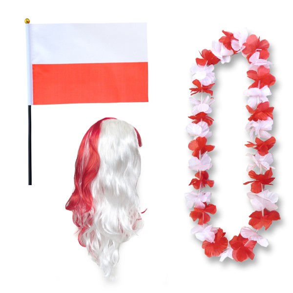 Sonia Originelli Fanset "Polen" Poland Polska Blumenkette Fahne Flagge Perücke Langhaar-Locken