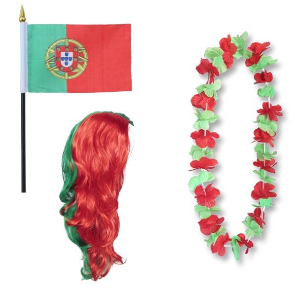 Sonia Originelli Fanset "Portugal" Blumenkette Fahne Flagge Perücke Langhaar-Locken