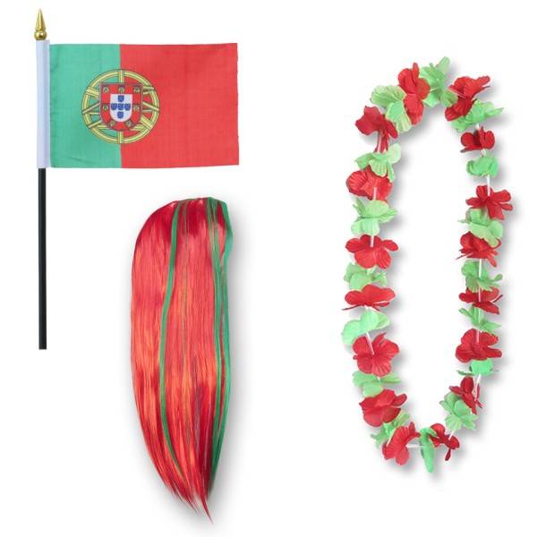 Sonia Originelli Fanset "Portugal" Blumenkette Fahne Flagge Perücke Langhaar