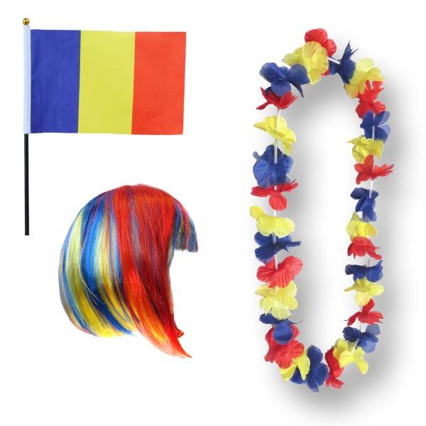 Sonia Originelli Fanset "Rumaenien" Romania Blumenkette Fahne Flagge Perücke Langhaar-Locken