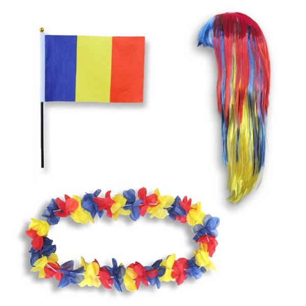 Sonia Originelli Fanset "Rumänien" Romania Blumenkette Fahne Flagge Perücke Langhaar