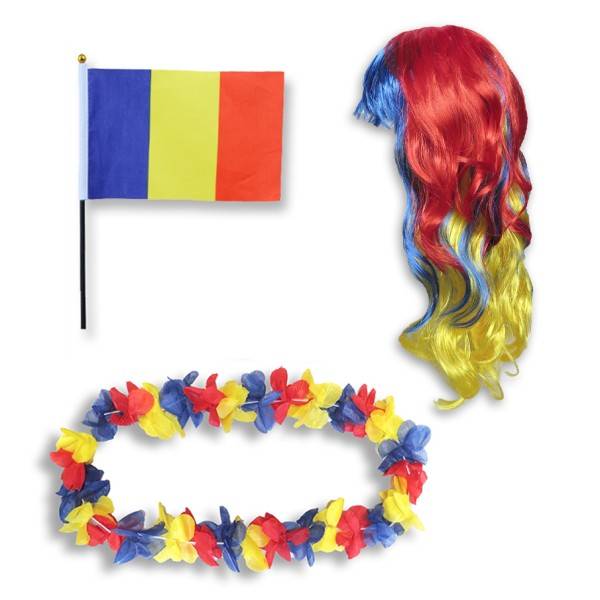 Sonia Originelli Fanset "Rumänien" Romania Blumenkette Fahne Flagge Perücke Langhaar