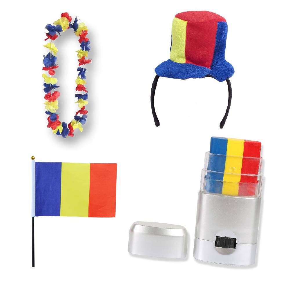 Sonia Originelli Fanset "Rumänien" Romania Mini Zylinder Haarreif Blumenkette Schminkstift Flagge