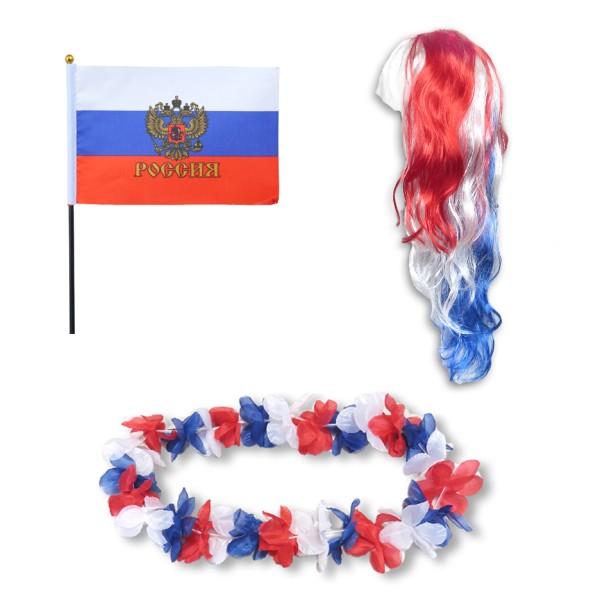 Sonia Originelli Fanset "Russland" Russia Blumenkette Fahne Flagge Perücke Langhaar-Locken