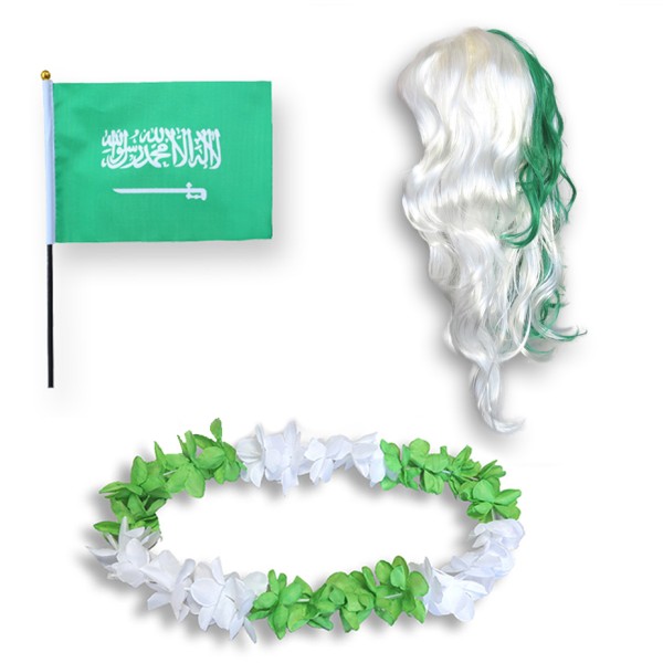 Sonia Originelli Fanset "Saudiarabien" Saudi Arabia Blumenkette Fahne Flagge Perücke Langhaar-Locken