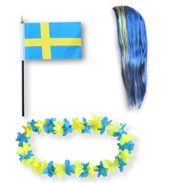 Sonia Originelli Fanset "Schweden" Sweden Blumenkette Fahne Flagge Perücke Langhaar