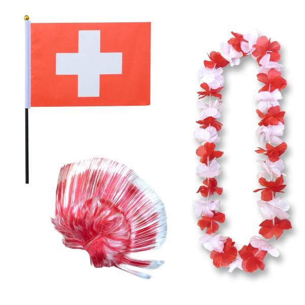 Sonia Originelli Fanset "Schweiz" Switzerland Blumenkette Fahne Flagge Perücke Irokese