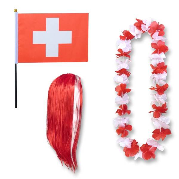 Sonia Originelli Fanset "Schweiz" Switzerland Blumenkette Fahne Flagge Perücke Langhaar
