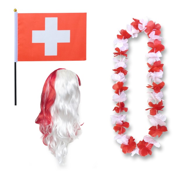 Sonia Originelli Fanset "Schweiz" Switzerland Blumenkette Fahne Flagge Perücke Langhaar-Locken