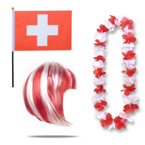 Sonia Originelli Fanset "Schweiz" Switzerland Blumenkette Fahne Flagge Perücke Bob