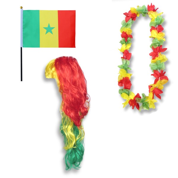 Sonia Originelli Fanset "Senegal" Blumenkette Fahne Flagge Perücke Langhaar-Locken