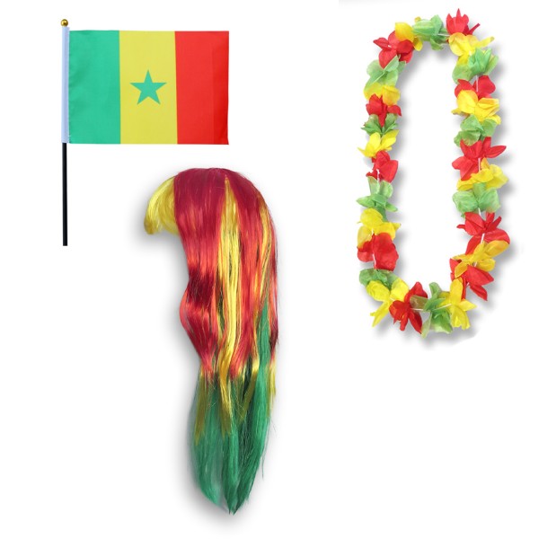 Sonia Originelli Fanset "Senegal" Blumenkette Fahne Flagge Perücke Langhaar