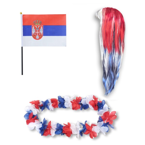 Sonia Originelli Fanset "Serbien" Serbia Blumenkette Fahne Flagge Perücke Langhaar