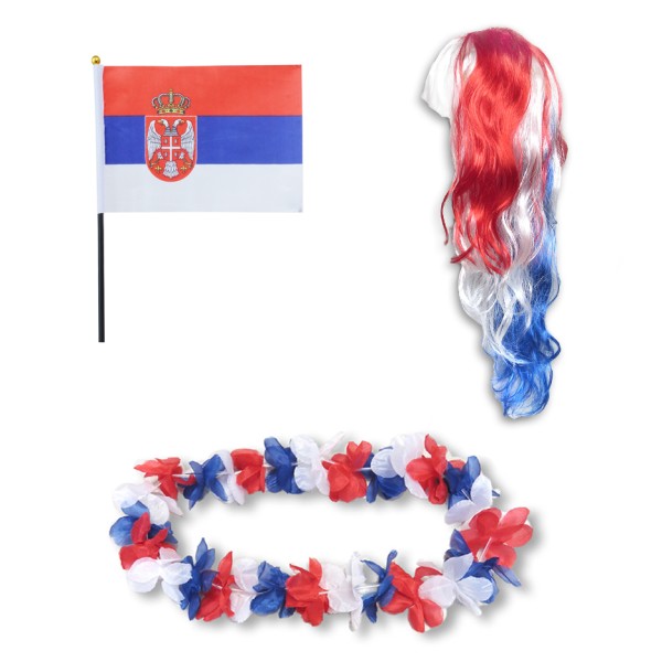 Sonia Originelli Fanset "Serbien" Serbia Blumenkette Fahne Flagge Perücke Langhaar-Locken