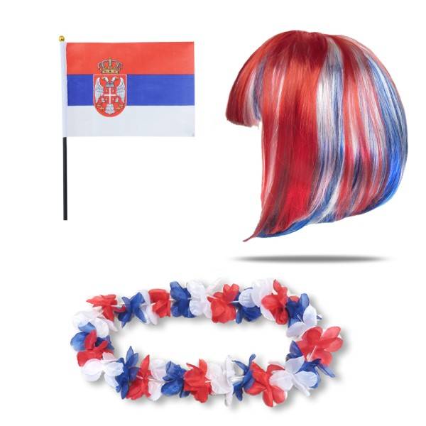 Sonia Originelli Fanset "Serbien" Serbia Blumenkette Fahne Flagge Perücke Bob