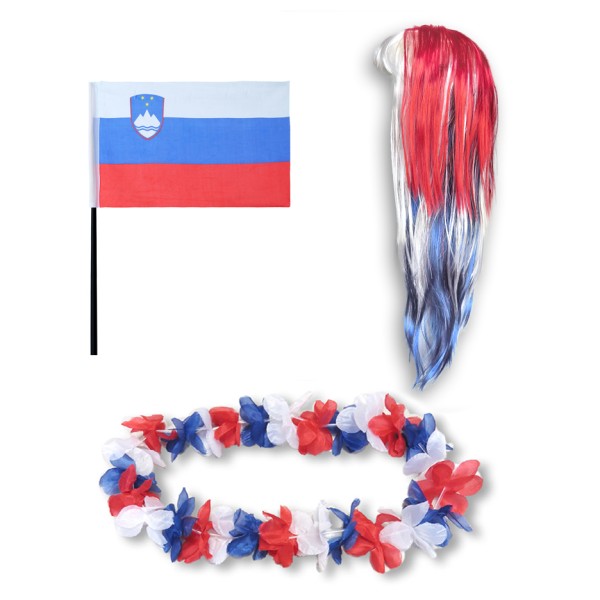 Sonia Originelli Fanset "Slowenien" Slovenia Blumenkette Fahne Flagge Perücke Langhaar