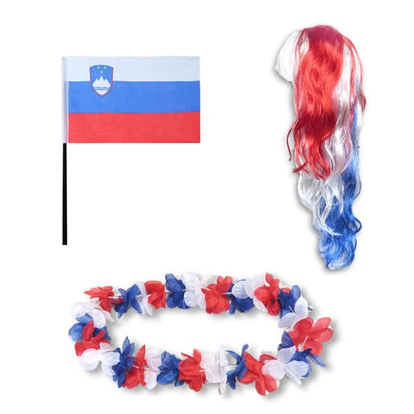 Sonia Originelli Fanset "Slowenien" Slovenia Blumenkette Fahne Flagge Perücke Langhaar-Locken