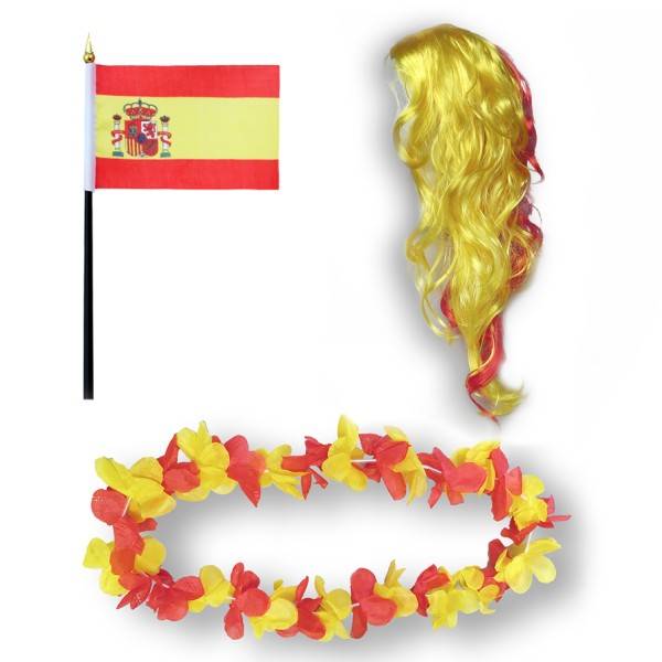 Sonia Originelli Fanset "Spanien" Spain Espana Blumenkette Fahne Flagge Perücke Langhaar-Locken