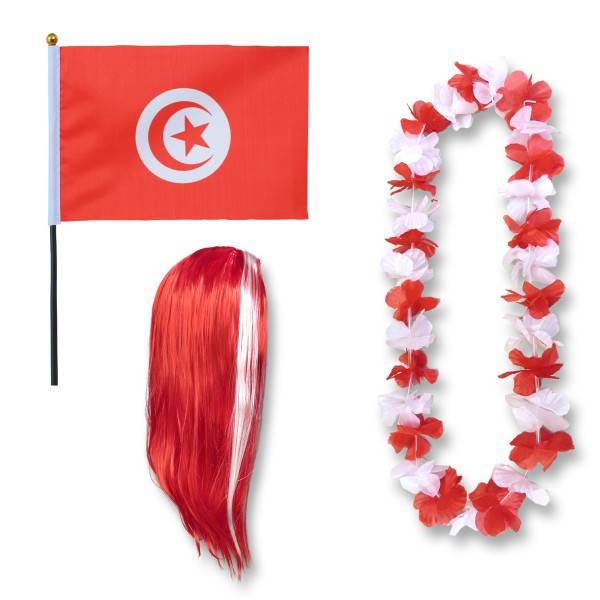 Sonia Originelli Fanset "Tunesien" Tunisia Blumenkette Fahne Flagge Perücke Langhaar