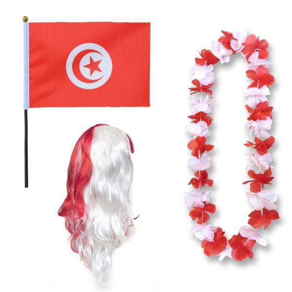 Sonia Originelli Fanset "Tunesien" Tunisia Blumenkette Fahne Flagge Perücke Langhaar-Locken