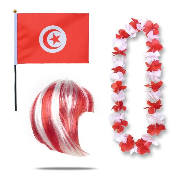 Sonia Originelli Fanset "Tunesien" Tunisia Blumenkette Fahne Flagge Perücke Bob