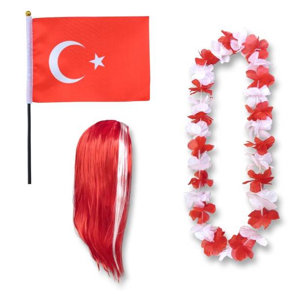Sonia Originelli Fanset "Türkei" Turkey Türkiye Blumenkette Fahne Flagge Perücke Langhaar
