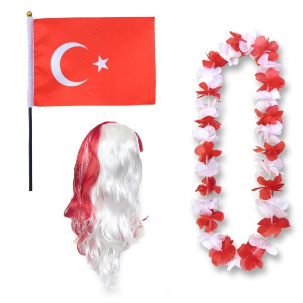 Sonia Originelli Fanset "Türkei" Turkey Türkiye Blumenkette Fahne Flagge Perücke Langhaar-Locken