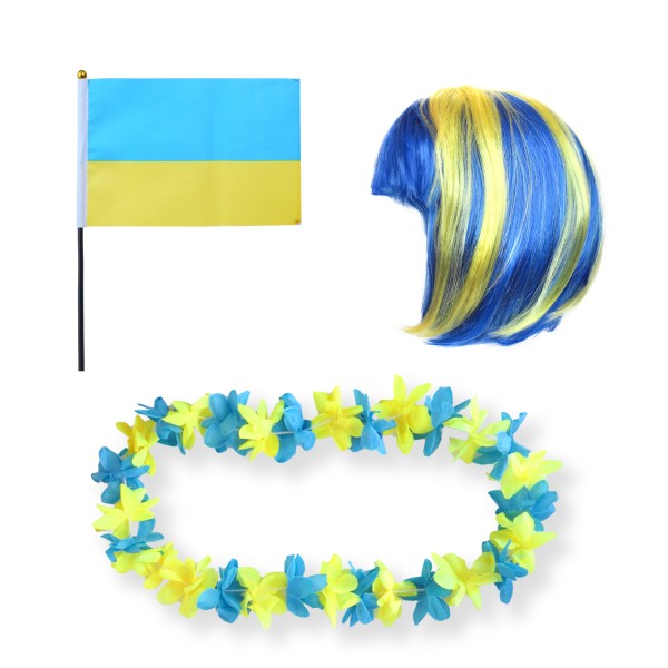 Sonia Originelli Fanset "Ukraine" Blumenkette Fahne Flagge Perücke Bob