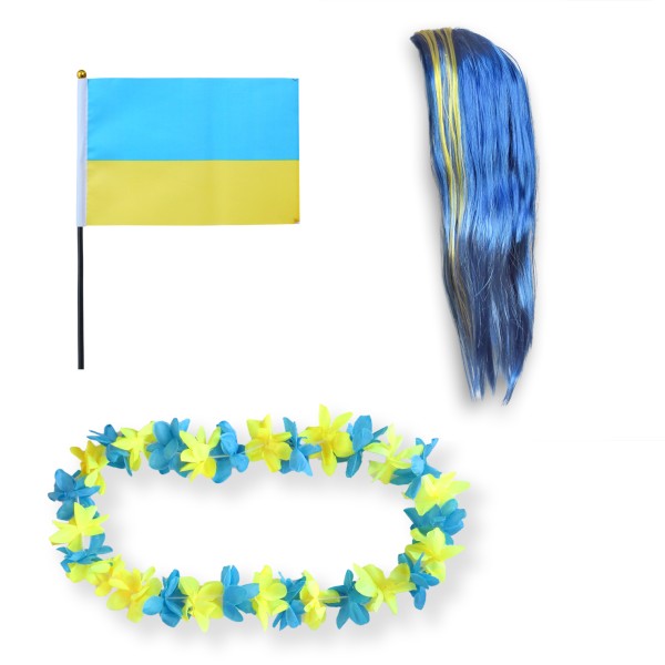 Sonia Originelli Fanset "Ukraine" Blumenkette Fahne Flagge Perücke Langhaar