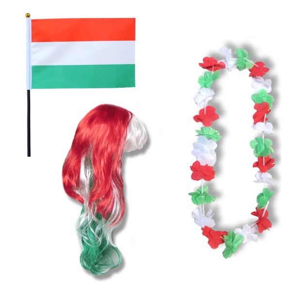 Sonia Originelli Fanset "Ungarn" Hungary Blumenkette Fahne Flagge Perücke Langhaar-Locken