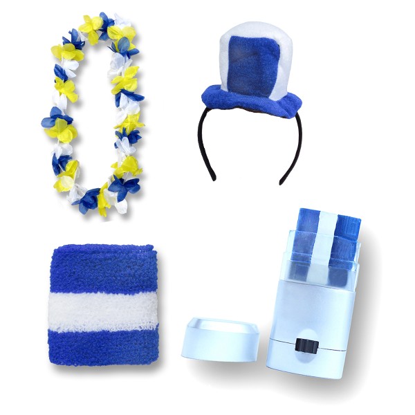 Sonia Originelli Fanset "Uruguay" Mini Zylinder Haarreif Blumenkette Schminkstift Schweißband