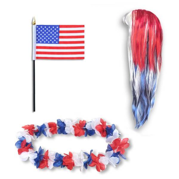 Sonia Originelli Fanset "USA" Amerika America United States Blumenkette Fahne Flagge Perücke Langhaar