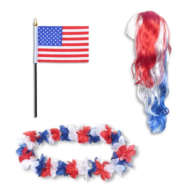 Sonia Originelli Fanset "USA" United States America Amerika Blumenkette Fahne Flagge Perücke Langhaar-Locken