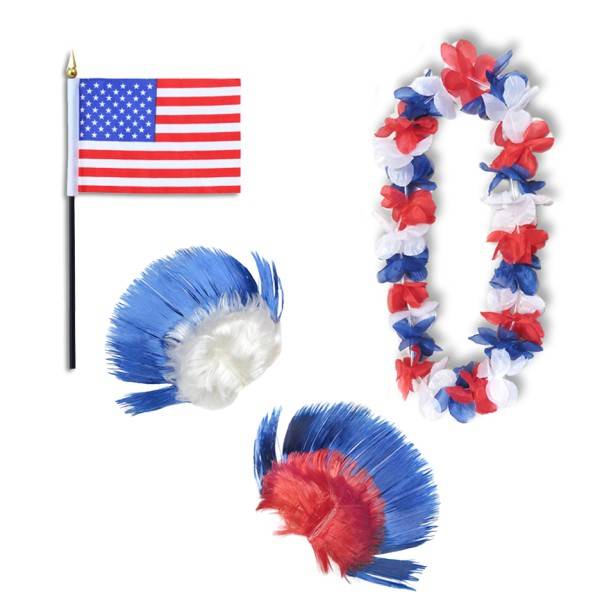 Sonia Originelli Fanset "USA" United States America Amerika Blumenkette Fahne Flagge Perücke Irokese