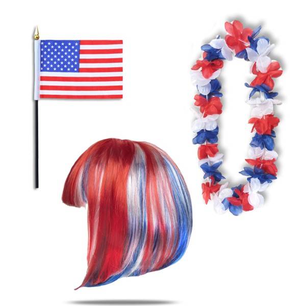 Sonia Originelli Fanset "USA" United States America Amerika Blumenkette Fahne Flagge Perücke Bob