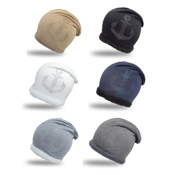 Sonia Originelli Fleece Beanie Mit Strass-Anker Steinchen Und Weichem Teddyfell