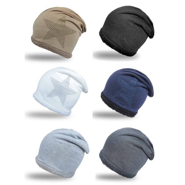 Sonia Originelli Fleece Beanie Strass-Stern Steinchen Mit Weichem Teddyfell Gefüttert